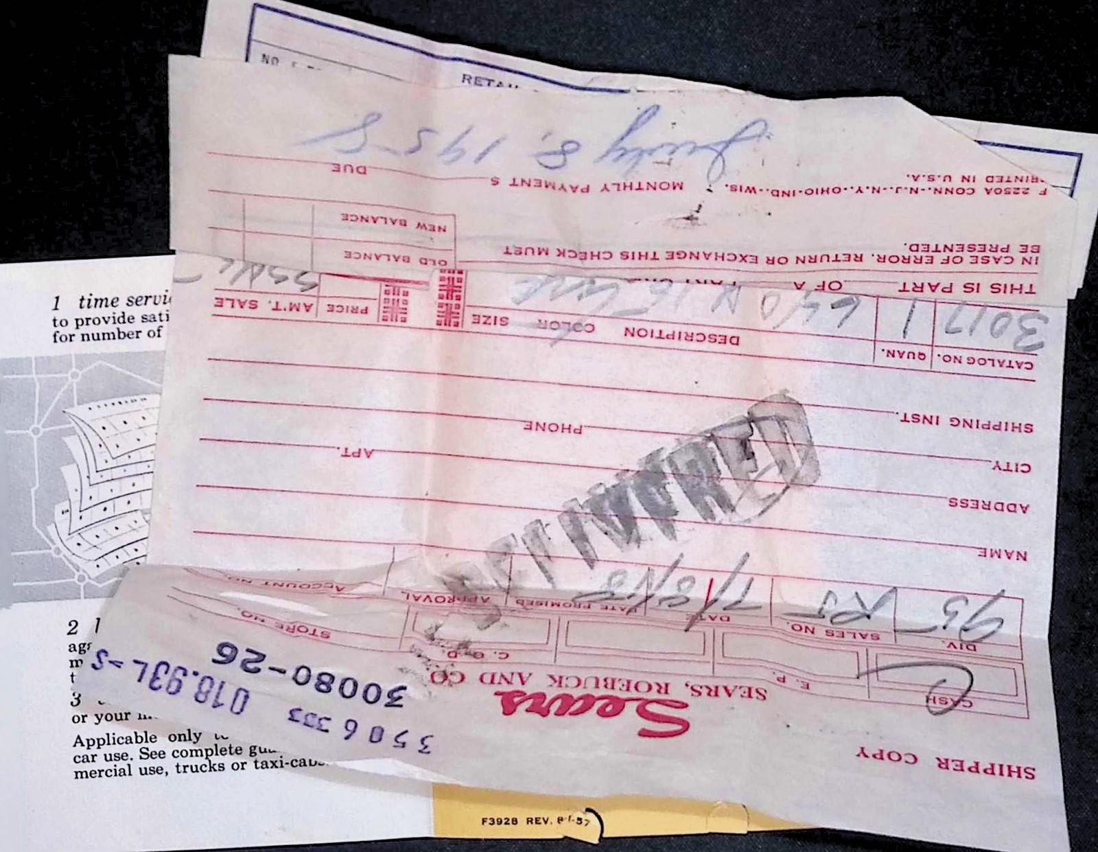 Allstate Tire Co. Sears Guarantee Card 1950s Handwritten Warranty