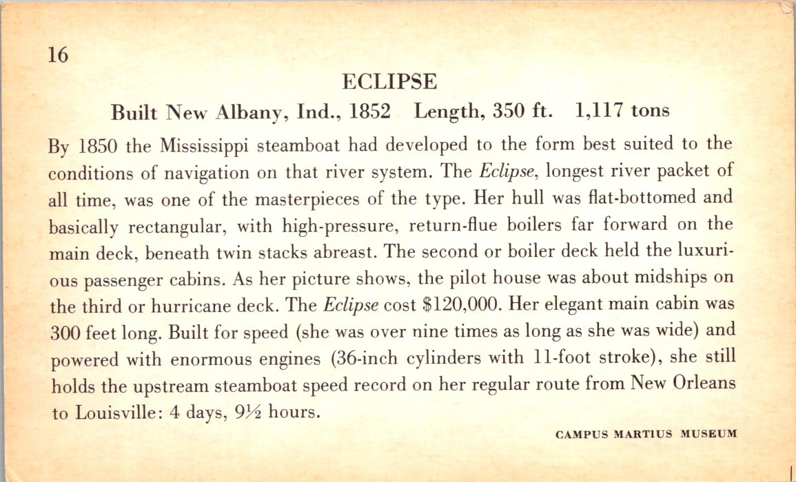 Campus Martius Museum Card 1852 Steamboat Eclipse Lithograph Ohio River