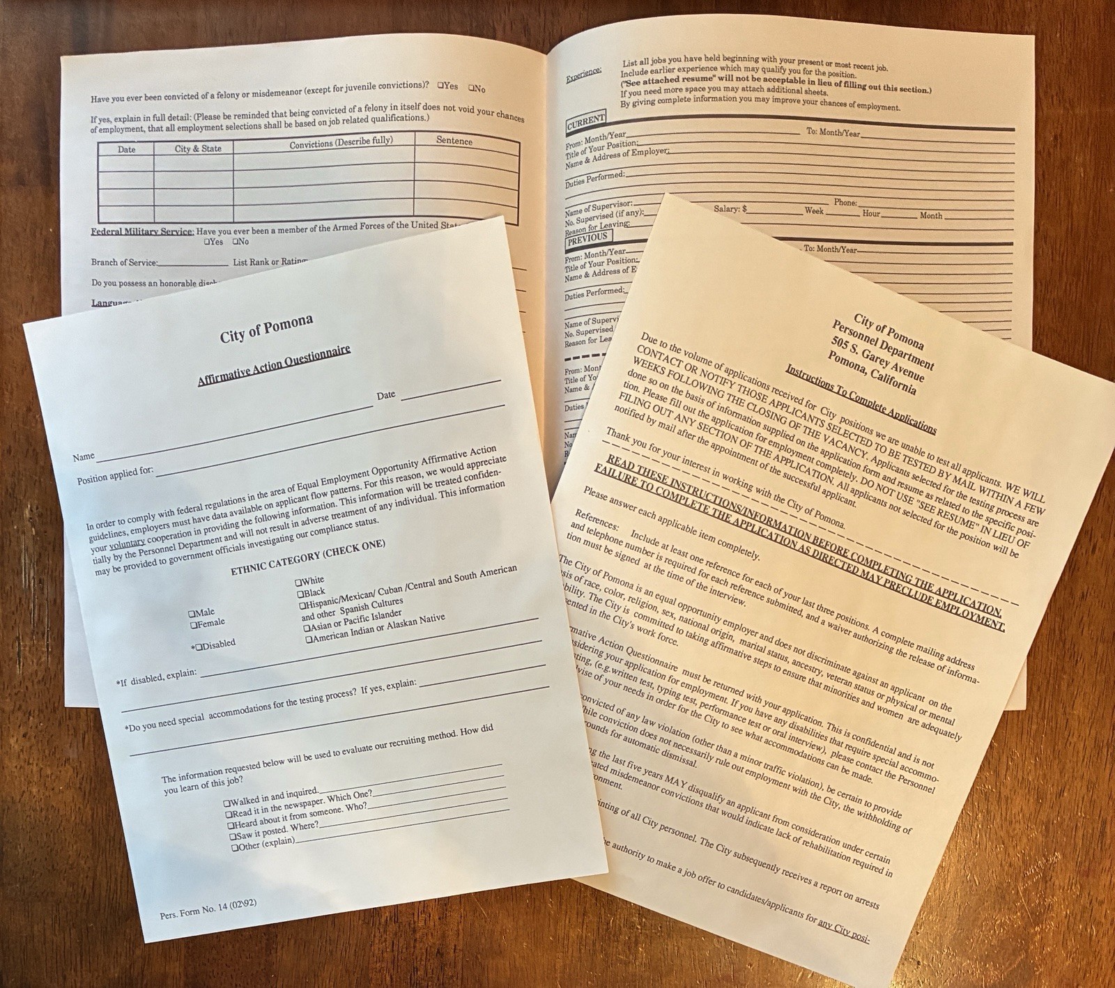 80’s City of Pomona, Ca Employment Application Original Affirmative Action Form