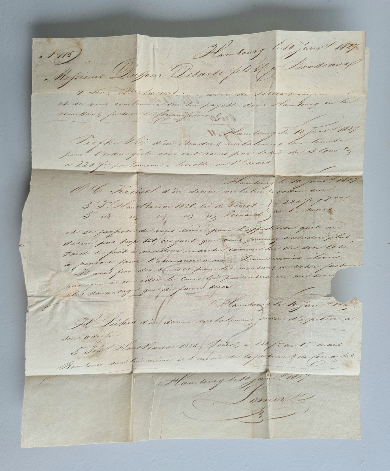 Old Letter Mail January 10 1827 Hamburg Bordeaux Germany By Givet