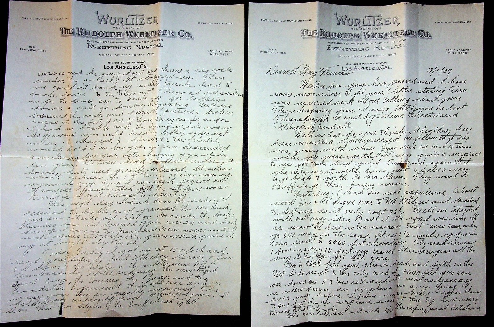 Piano Musical Instruments Rudolph Wurlitzer Company Letterheads 1927 Ohio CA
