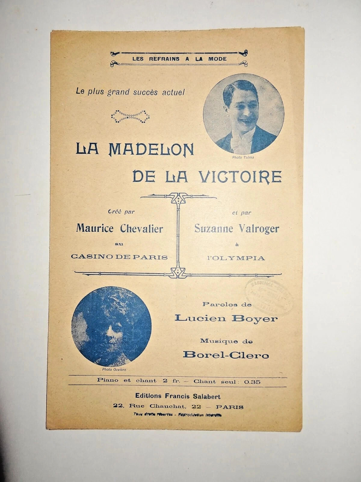 La Madelon de la victoire Partition Sheet Music M. CHEVALIER Tor