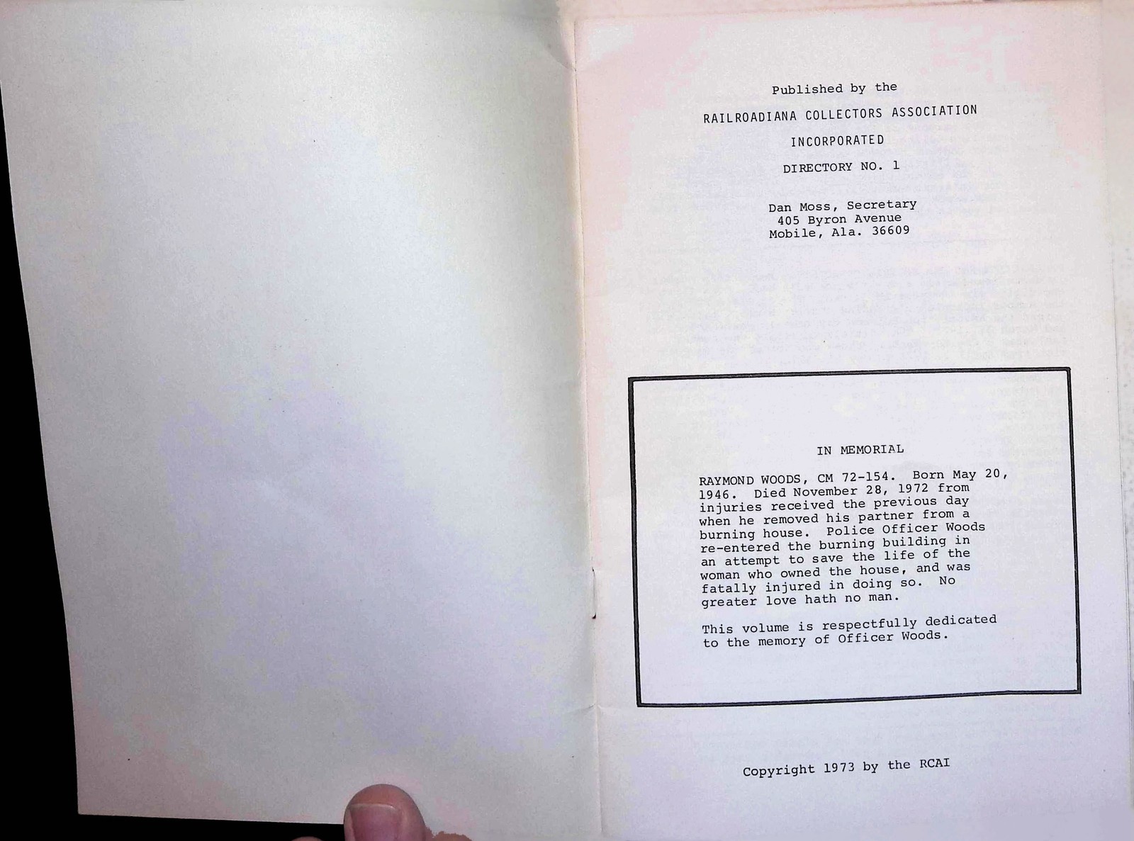 Inaugural 1973 Railroadiana Collectors Association Membership Directory #1