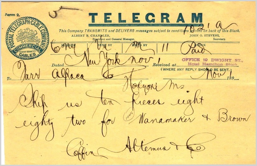 Postal Telegraph Co. Telegram 1890s Wanamaker & Brown Textile Ephemera