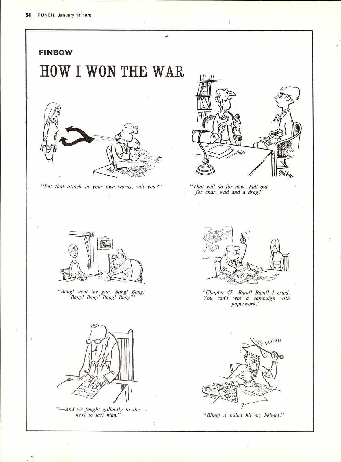 Original 1970 Punch Cartoon Page ‘HOW I WON THE WAR’ Vintage FINBOW Print