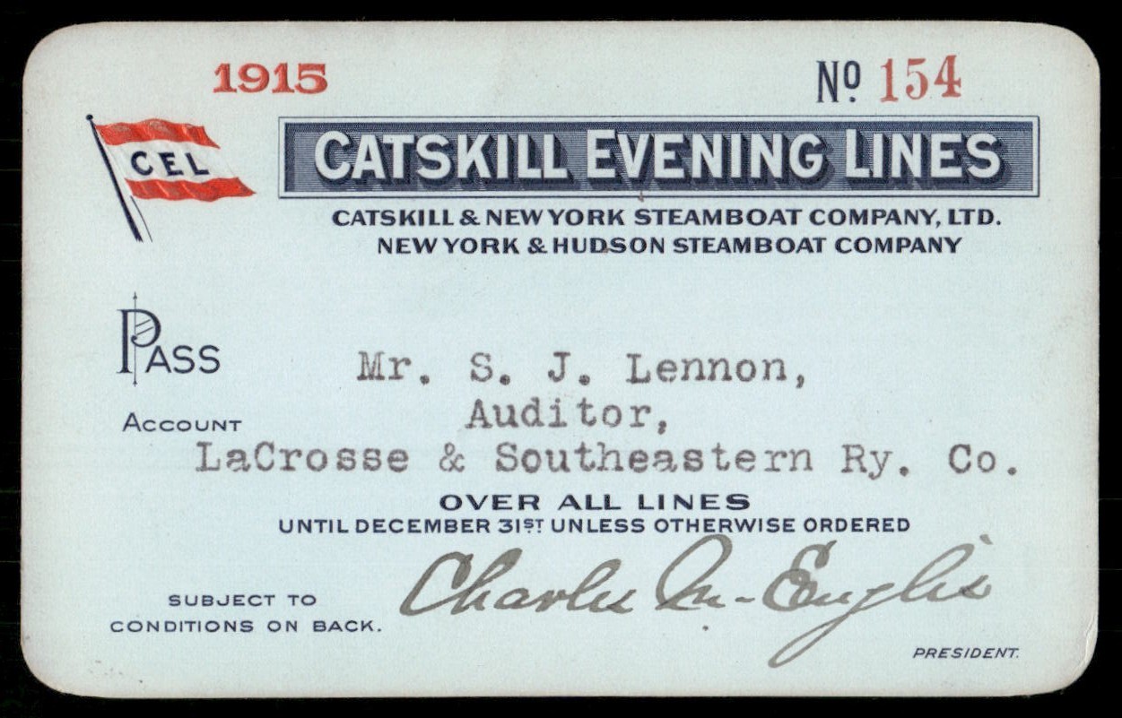 Vintage 1915 Catskill NY Steamboat Line Pass