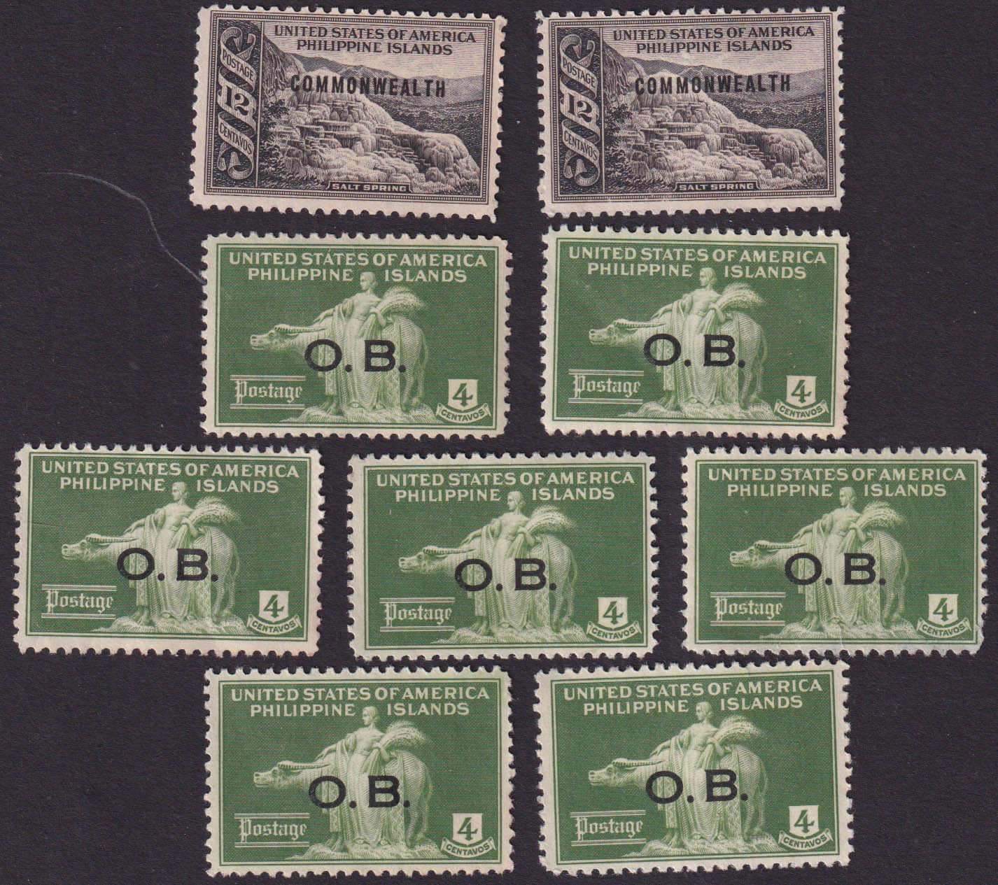 NINE Philippine Islands USA O. B. & COMMONWEALTH overprint stamps US384 US388