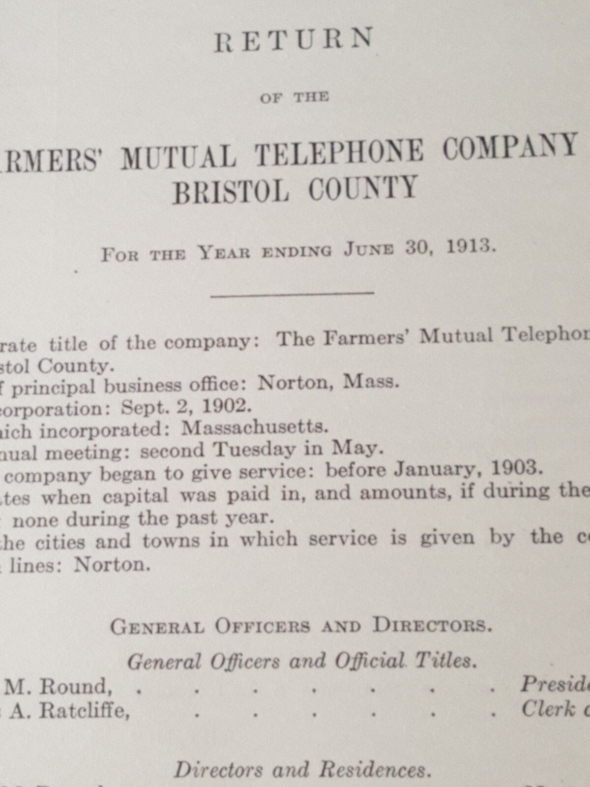 1913 Report FARMERS MUTUAL TELEPHONE COMPANY of Bristol County Massachusetts