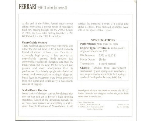 Ferrari 250 GT Cabriolet Series II ~1960 Trading Card Pininfarina Italy