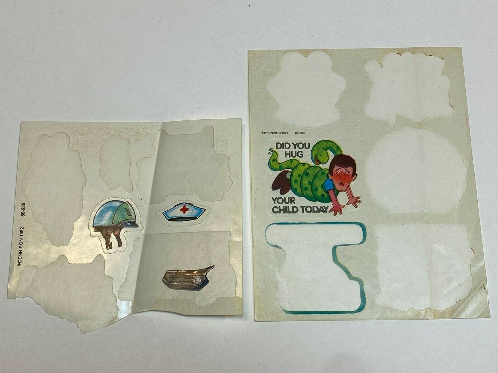 Dennison 1979 + 1982 Sticker Sheet Vintage Lot Hug Your Child Nurse Police Hats