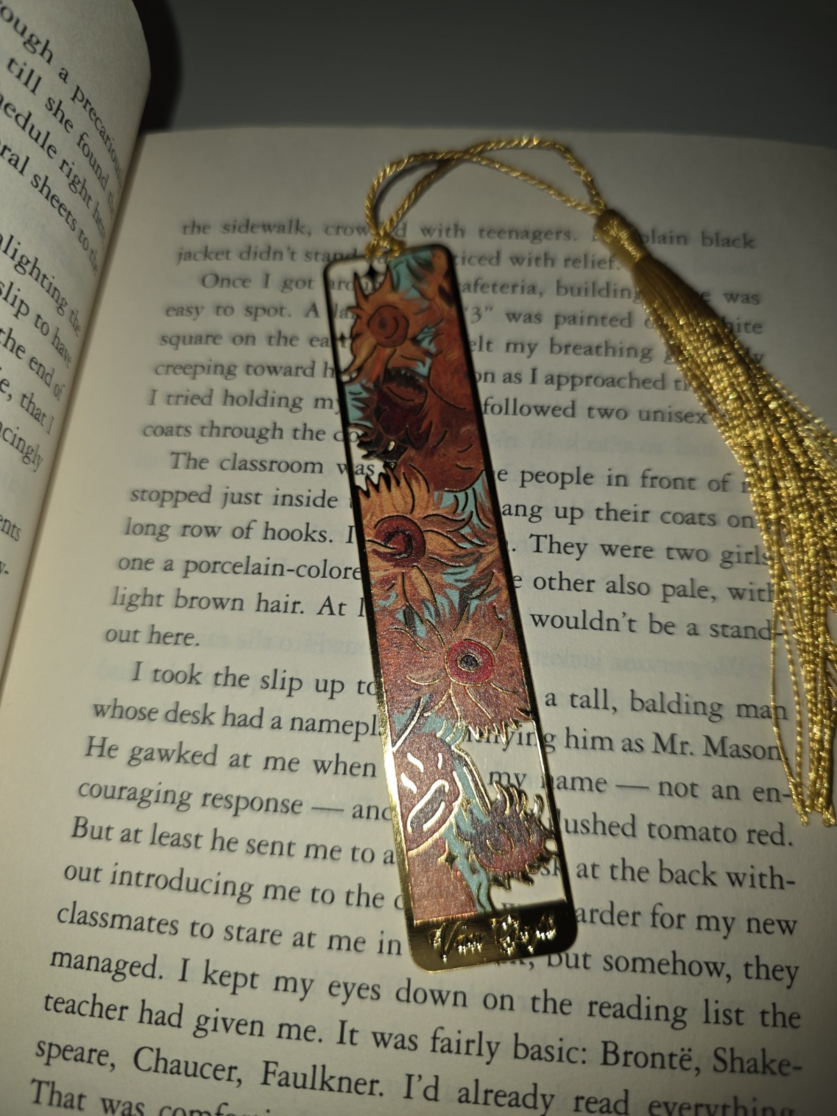 Sunflower Floral Thin Metal Bookmark Rectangle Multicolor Pattern w/ Gold Tassel