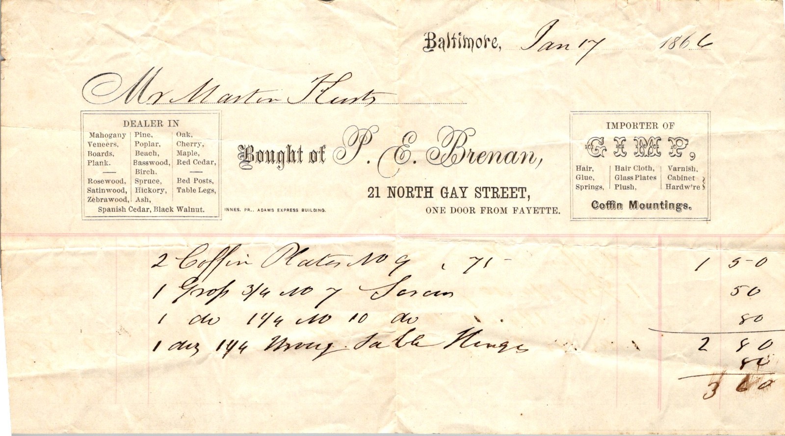 1864 P E Brenan Baltimore Bill of Sale Coffin Hardware Lumber Mahogany