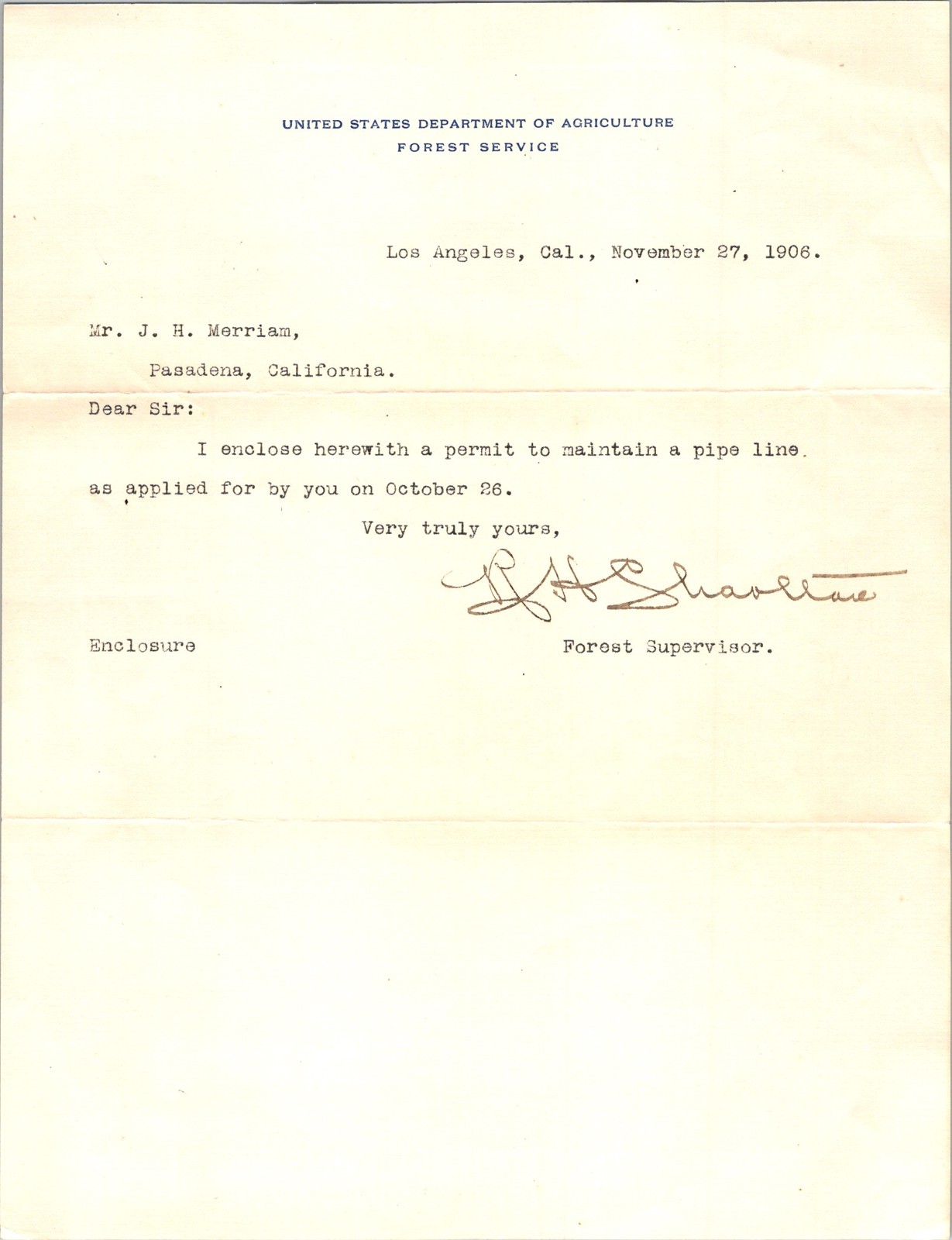 1906 US Forest Service Pipe Line Permit Letter R.H. Shaveltine Los Angeles