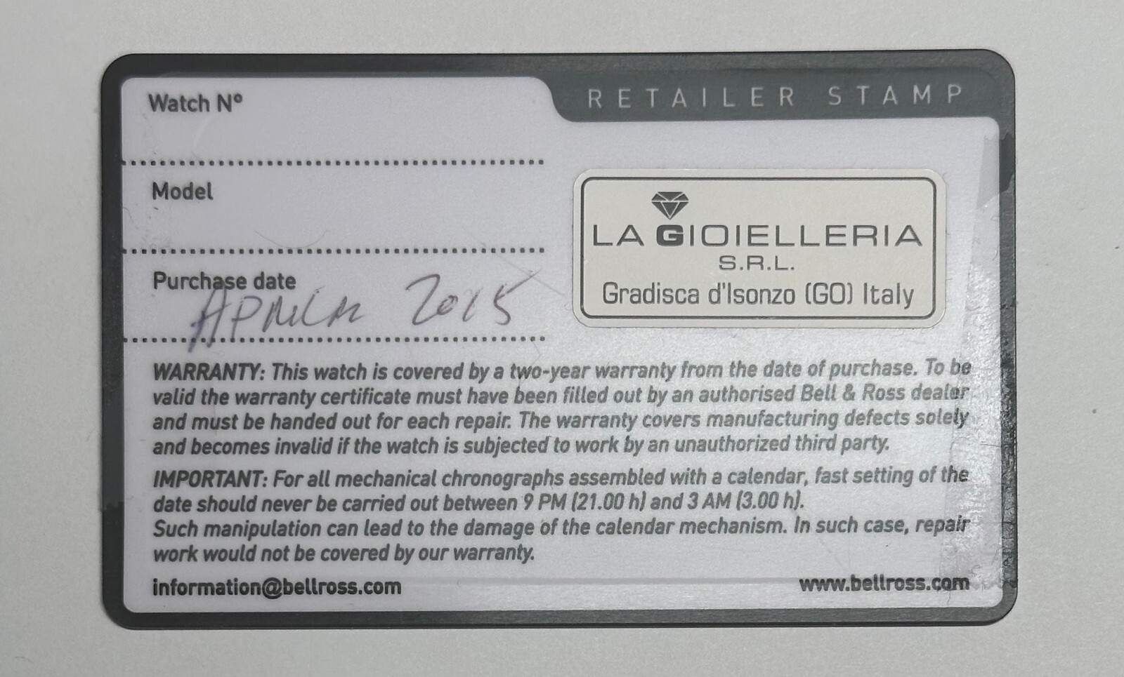Genuine Bell & Ross Black International Blank Warranty Card With Stamp & Date