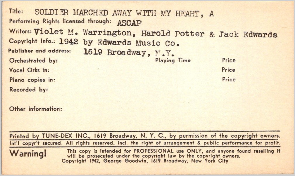 Tune-Dex Card A Soldier Marched Away With My Heart 1942 Edwards Music WWII
