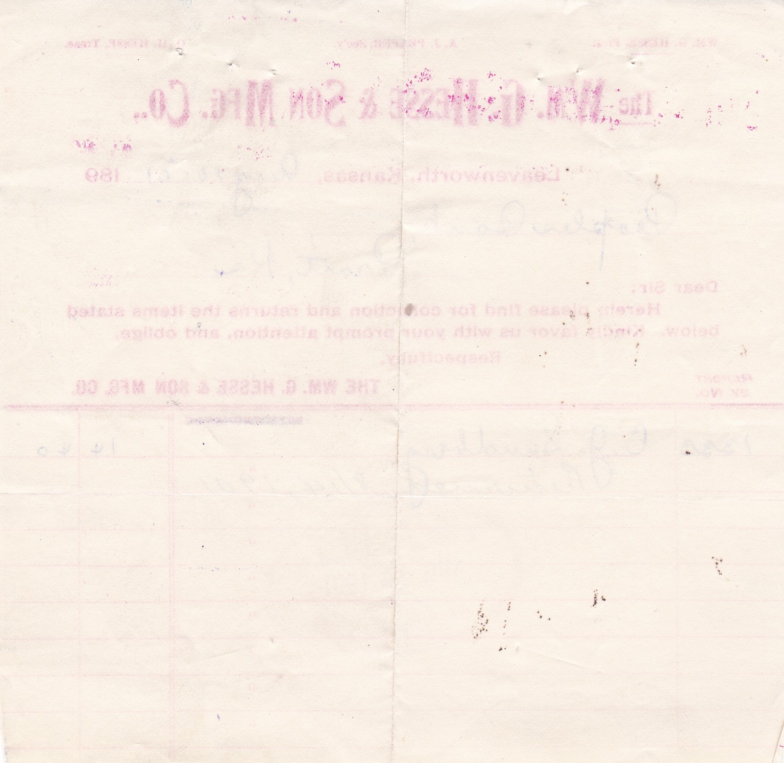 U.S. Wm. G. HESSE & SON MFG. CO. Leavenworth, Kansas 1901 Paid Invoice Ref 48905