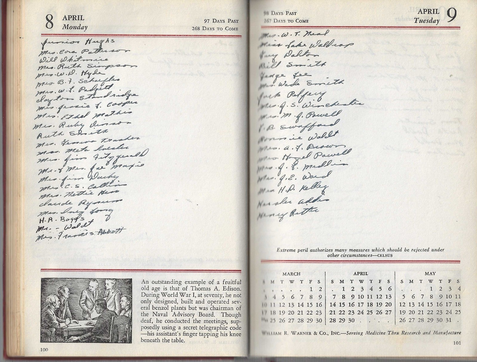 1946 WARNER’S CALENDAR OF MEDICAL HISTORY For The Use Of The Medical Profession