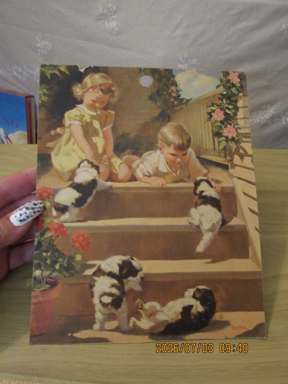 VTG Lithograph Jewel Tea Co Boy & Girl Sitting on Stairs with Puppies