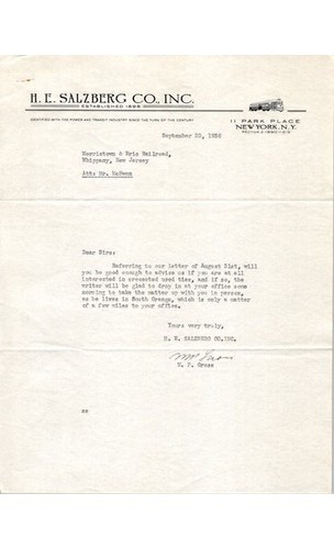 1938 Salzberg Co Letter to Morristown & Erie RR Whippany NJ Railroadiana