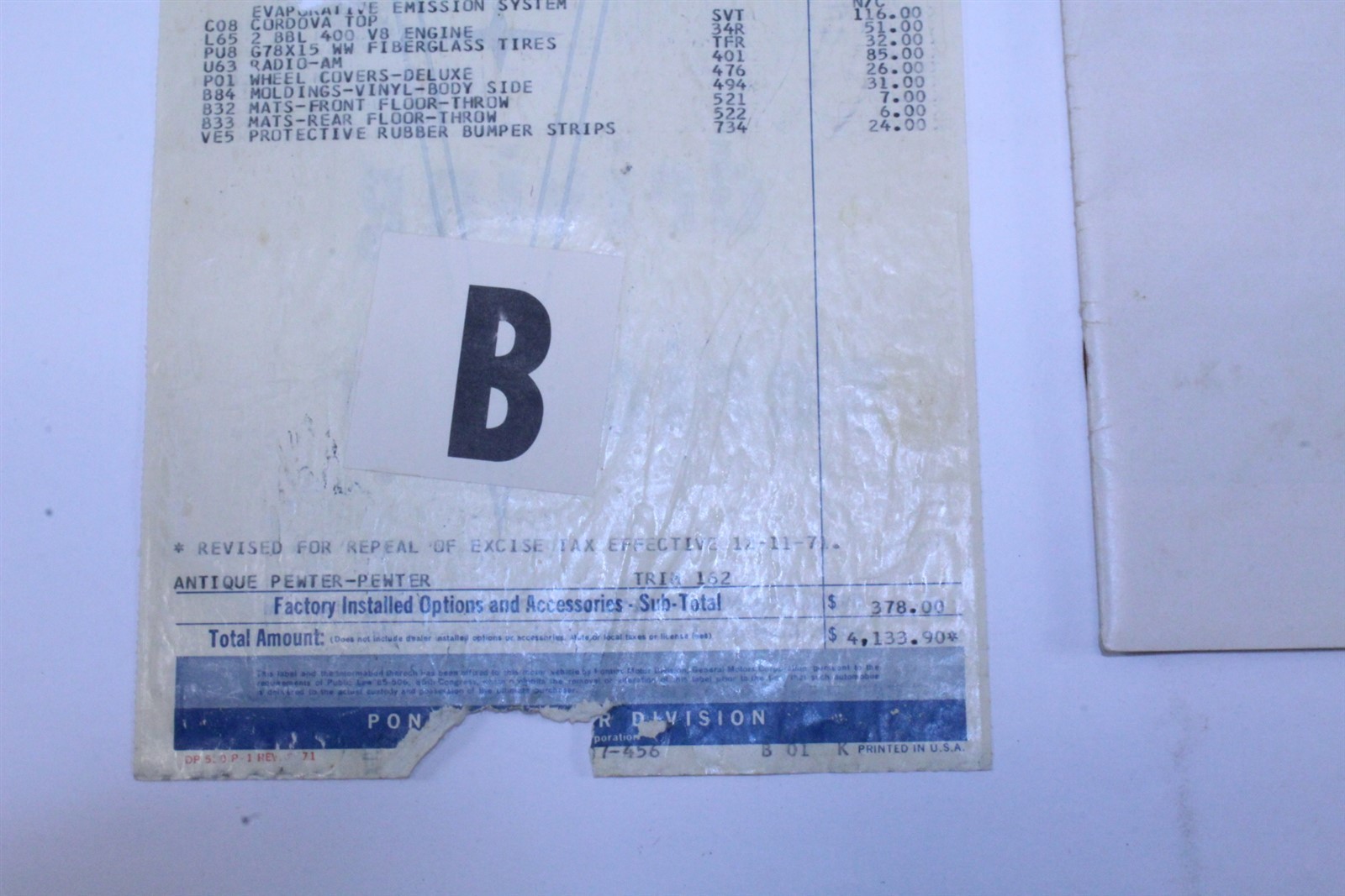 1972 Pontiac Brochure & Original Window Sticker From 4 Door Sedan Catalina