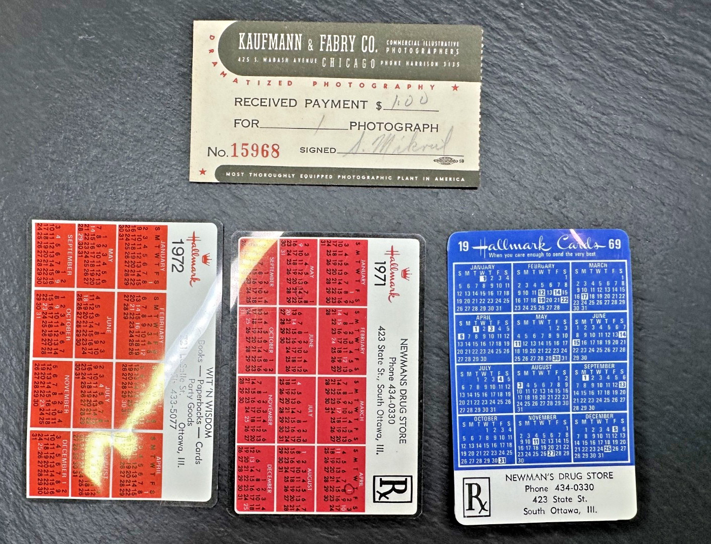 1930’S-1970’S ASSORTED RECEIPTS, BUSINESS CARDS, POCKET CALENDARS + FP373