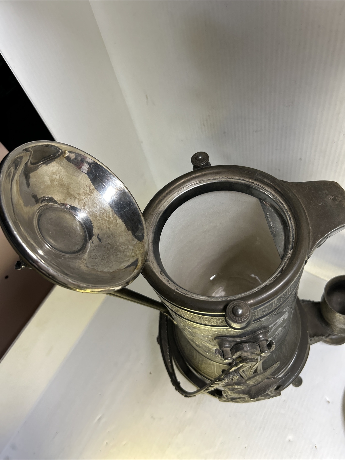 Reed & Barton Tilting Water 1923 Pitcher Patent 1880 W/ Cup Porcelain Lined