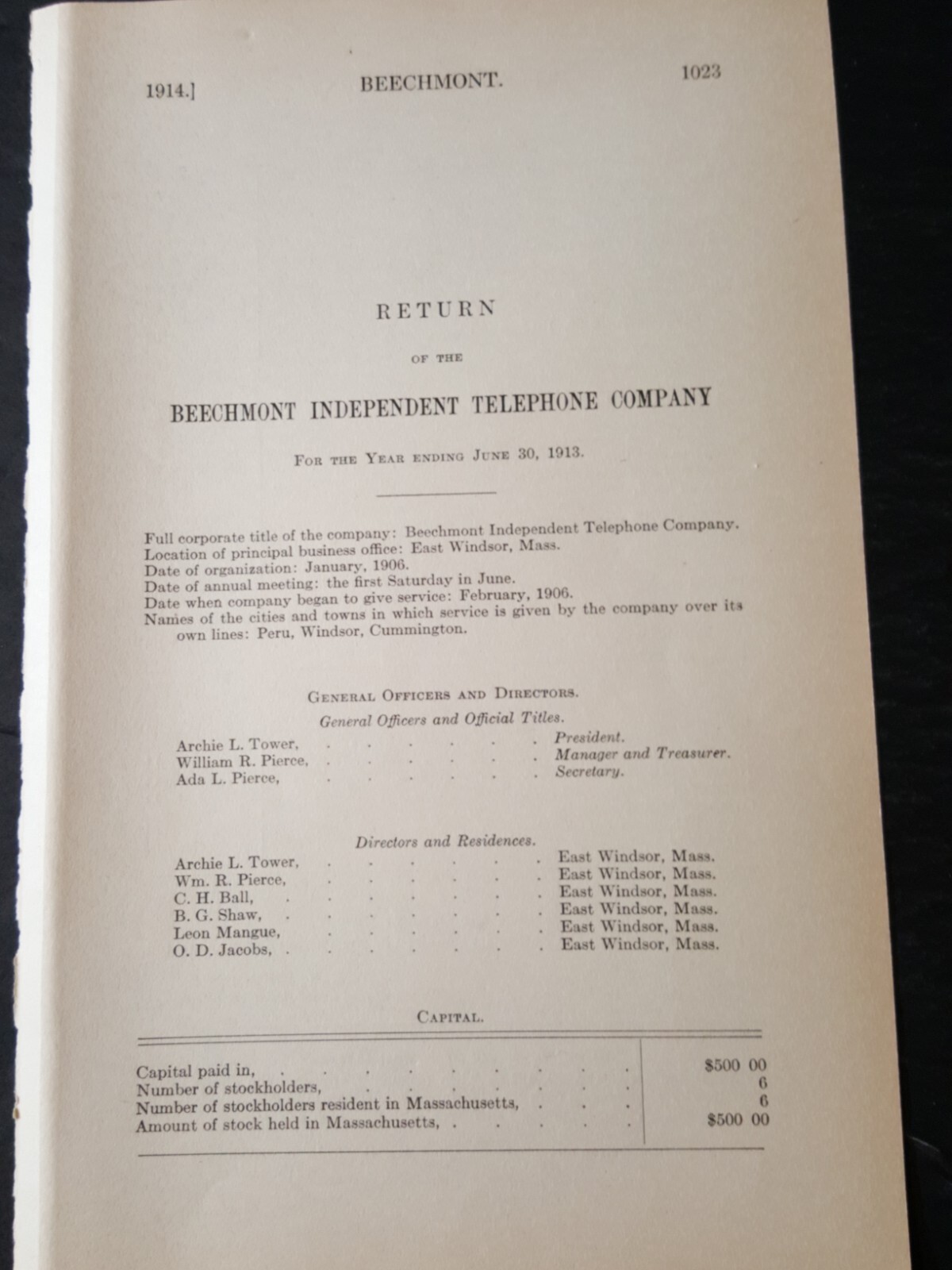 1913 report BEECHMONT INDEPENDENT TELEPHONE COMPANY East Windsor Massachusetts