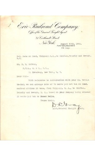 1905 Erie Railroad Letter Morris & Essex Freight Tariff Railroadiana NJ
