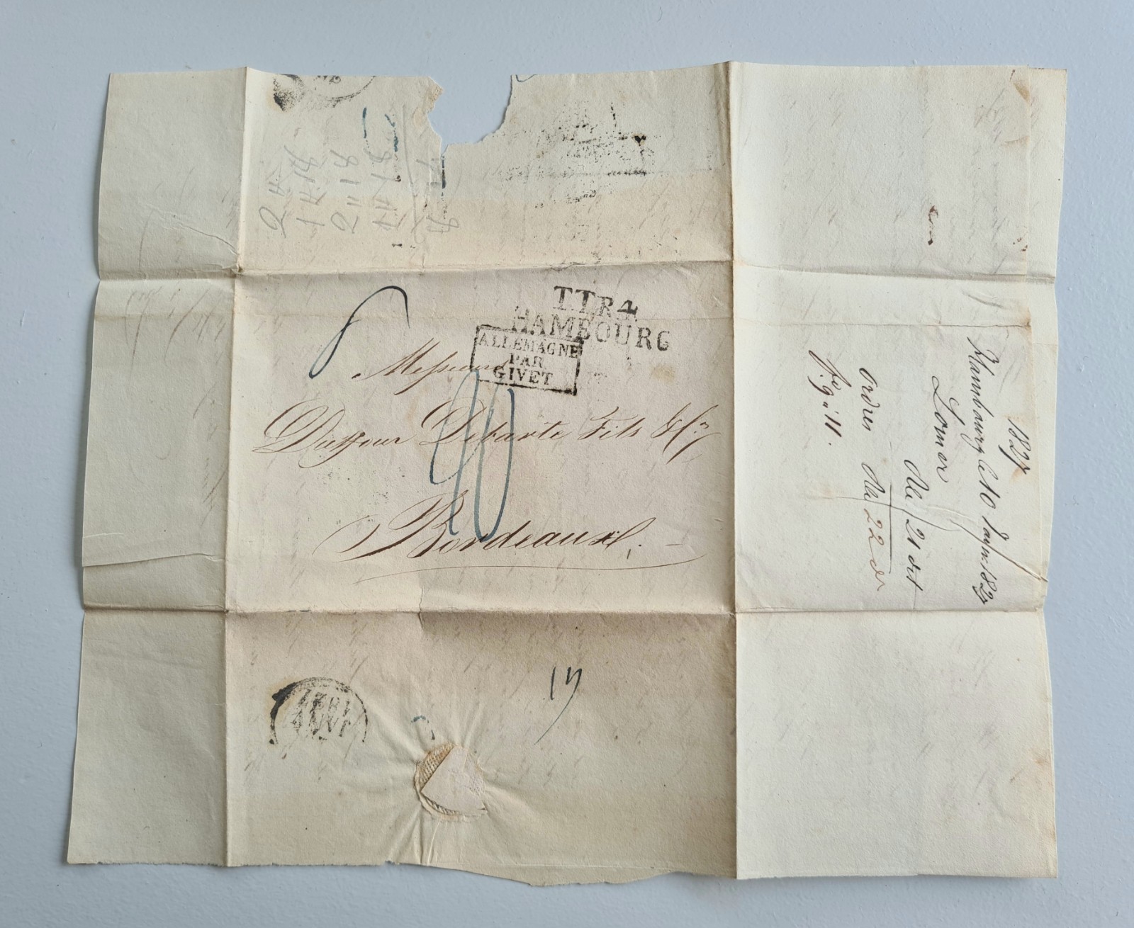 Old Letter Mail January 10 1827 Hamburg Bordeaux Germany By Givet