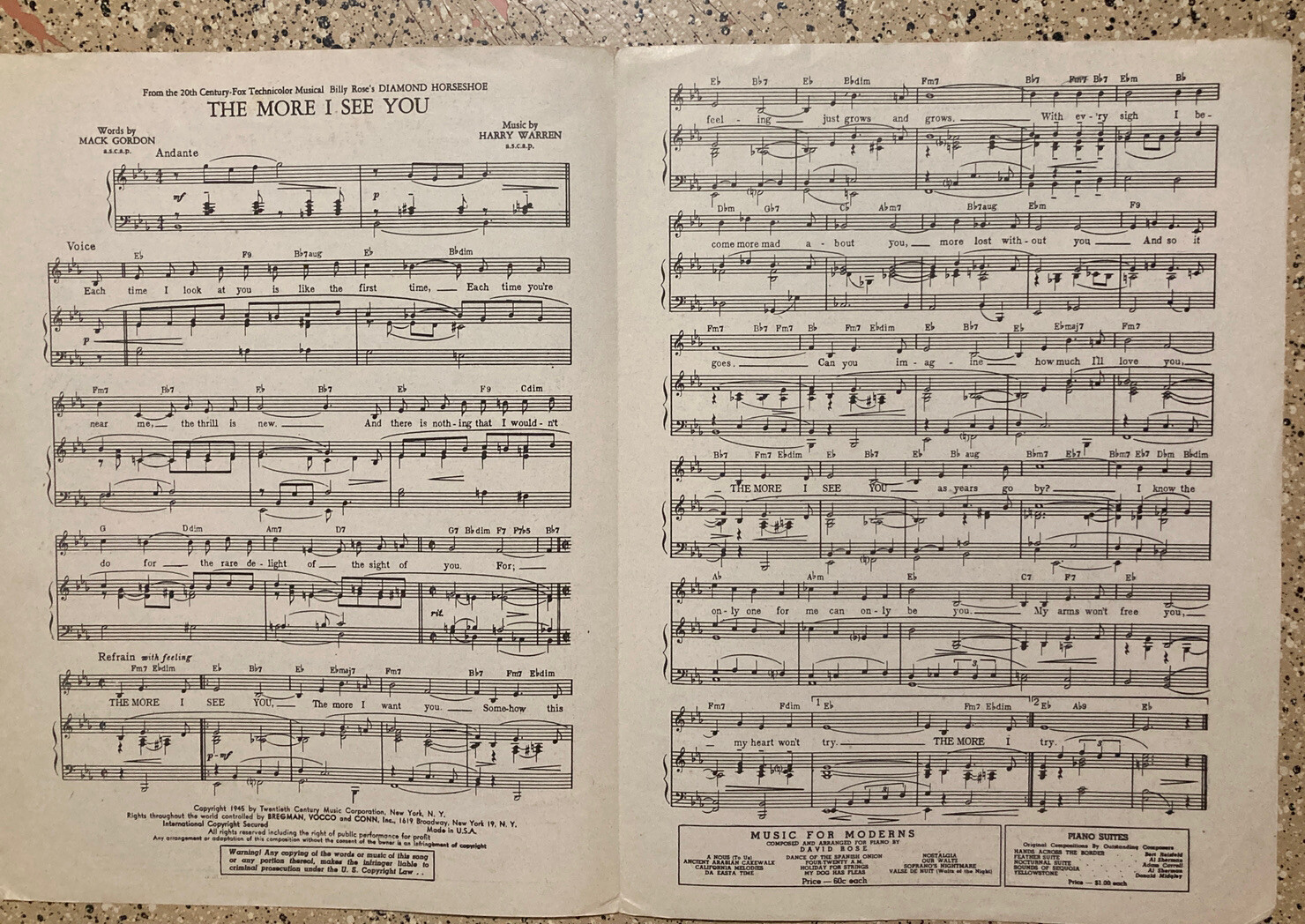 VINTAGE PIANO SHEET MUSIC 1945 THE MORE I SEE YOU BETTY GRABLE DICK HAYMES
