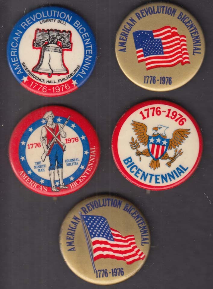 FIVE DIFFERENT American Revolution Bicentennial pinbacks 1976