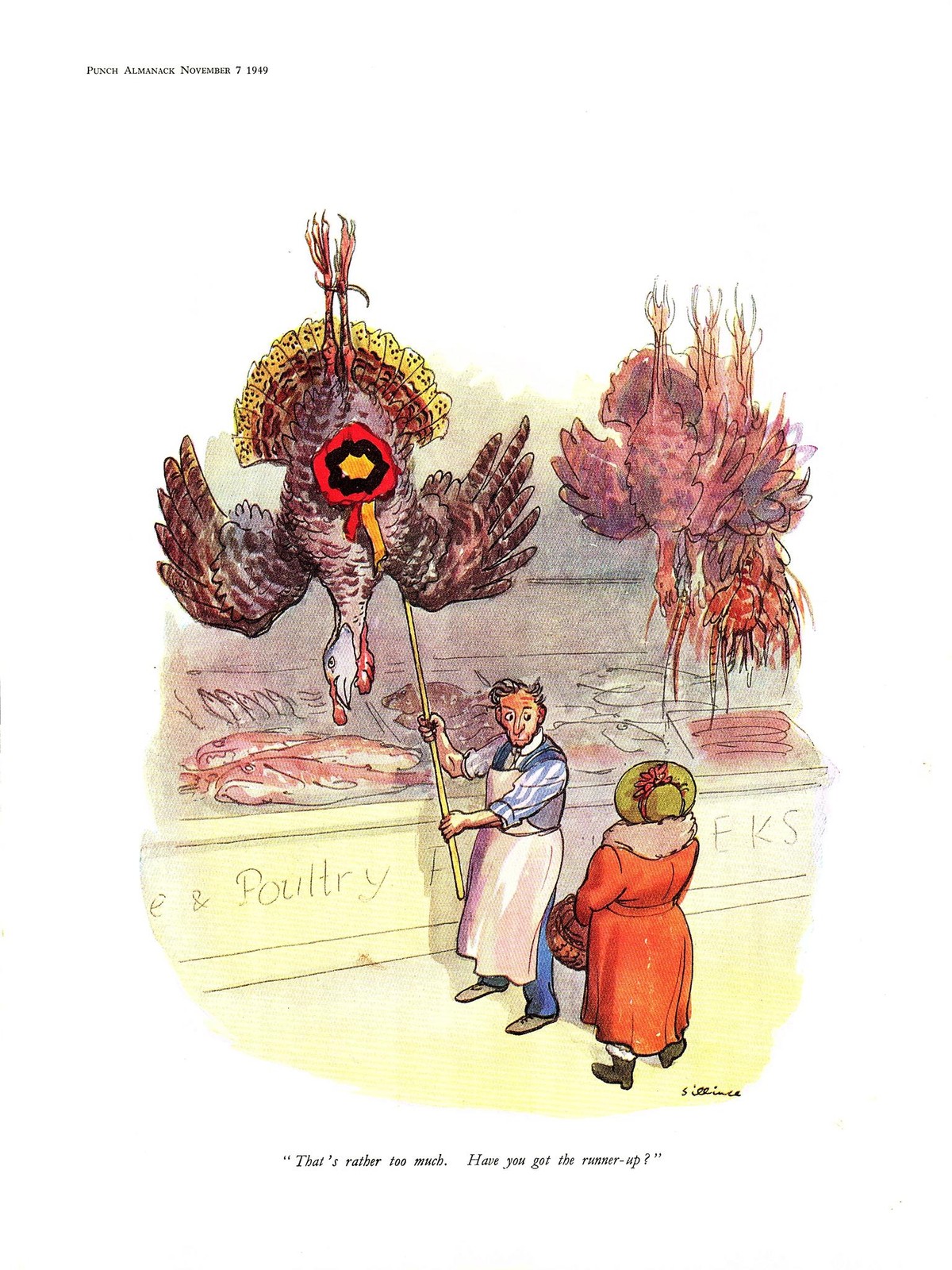 Original 1949 Punch Colour Cartoon Print by SILLINCE ‘The Prize-Winning Turkey’