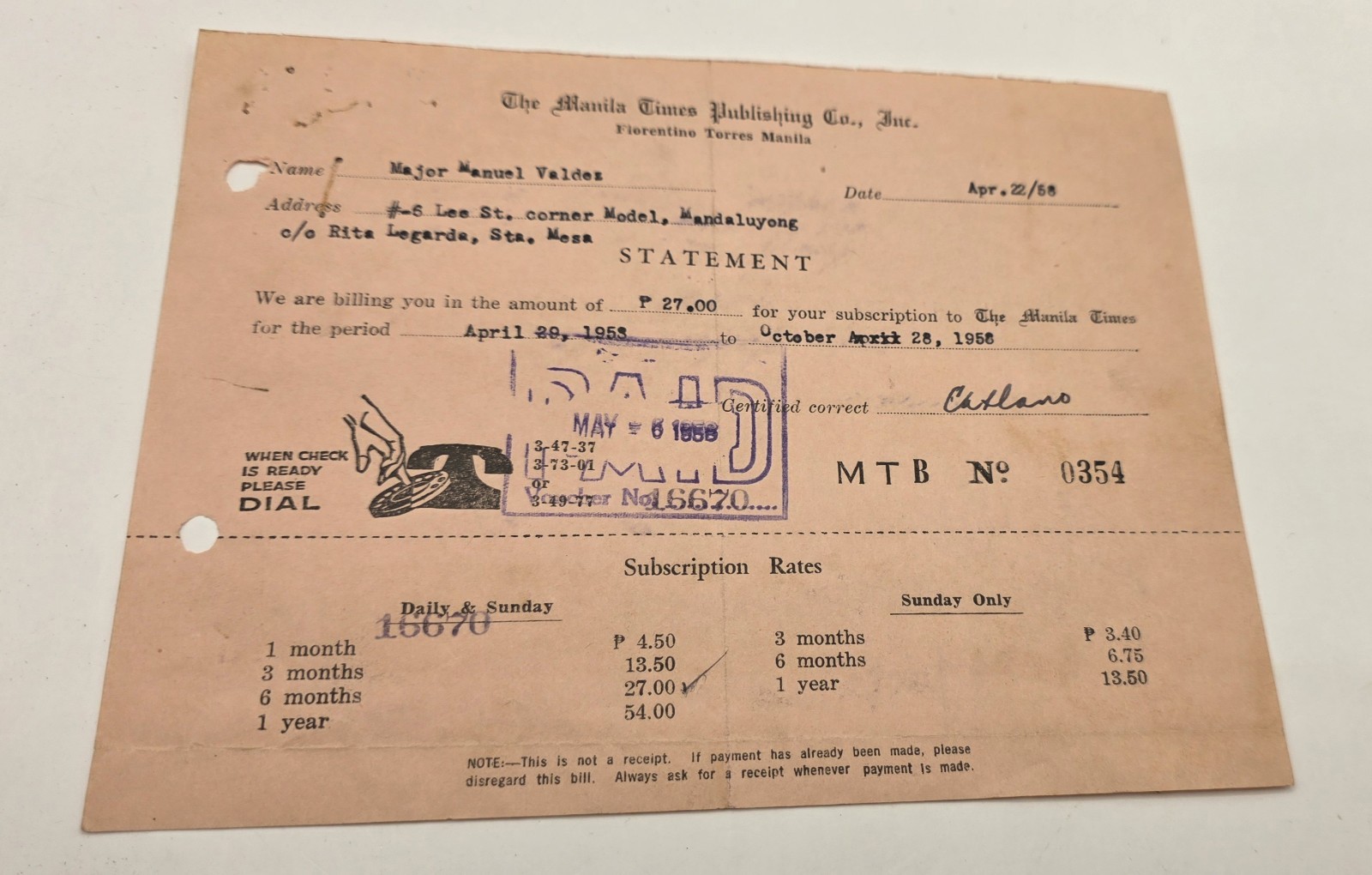 1958 The Manila Times Publishing Company Inc., Subscription Billing Statement.