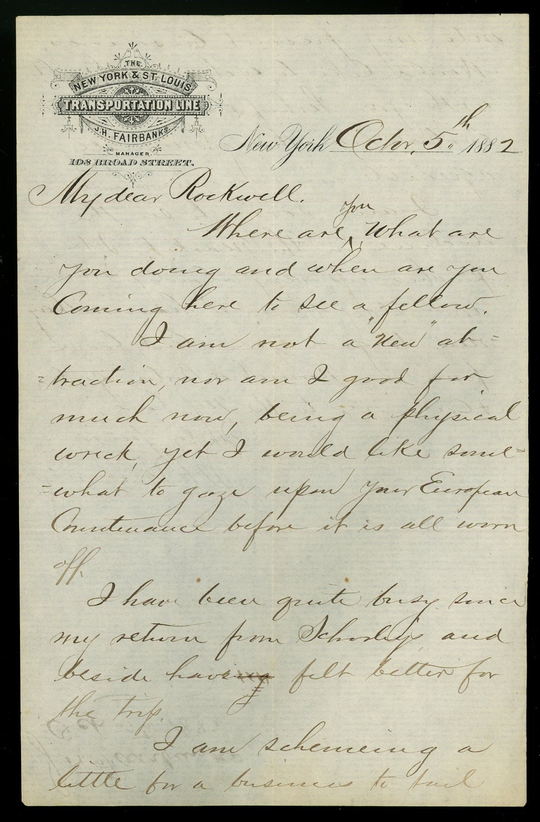 1882 Letterhead. New York. New York & St. Louis Transportation Line. Fairbanks.
