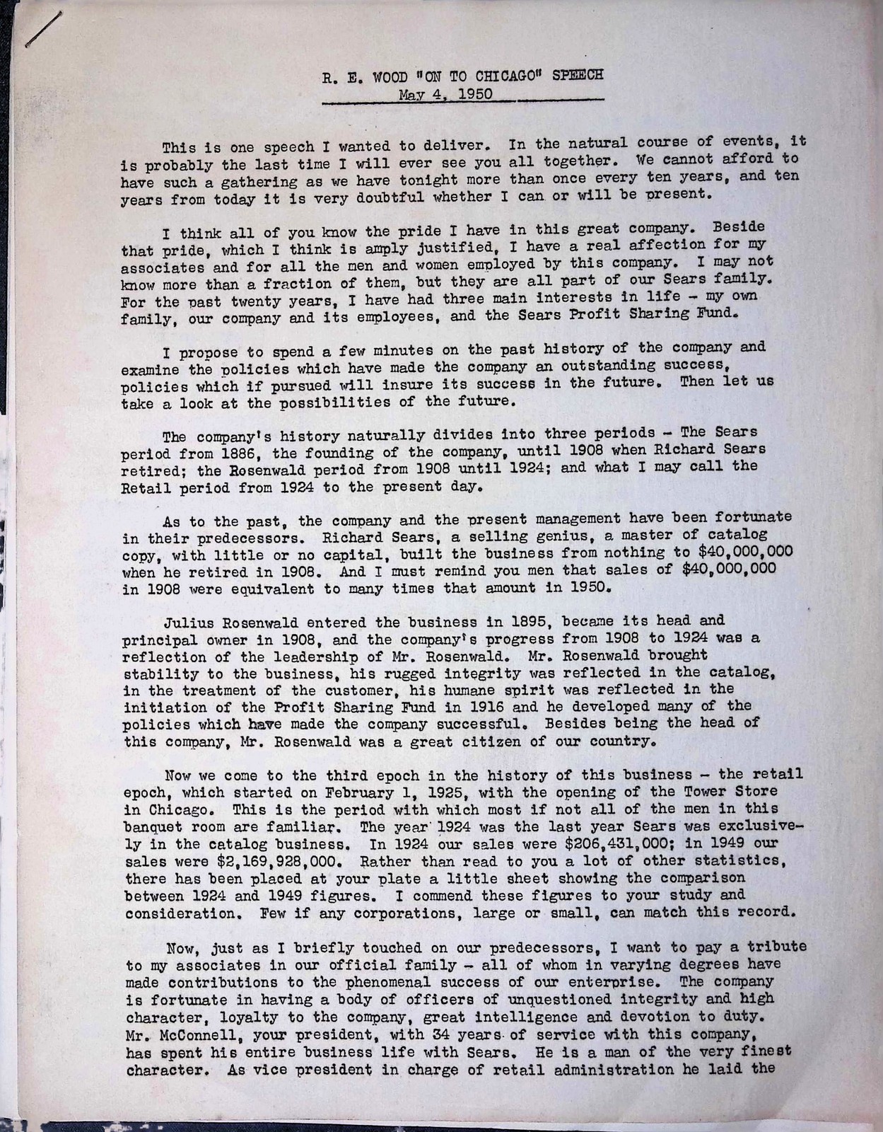 Sears Roebuck 1950s Corp Philosophy Rosenwald Policy 3pg Typed Memo Net Worth