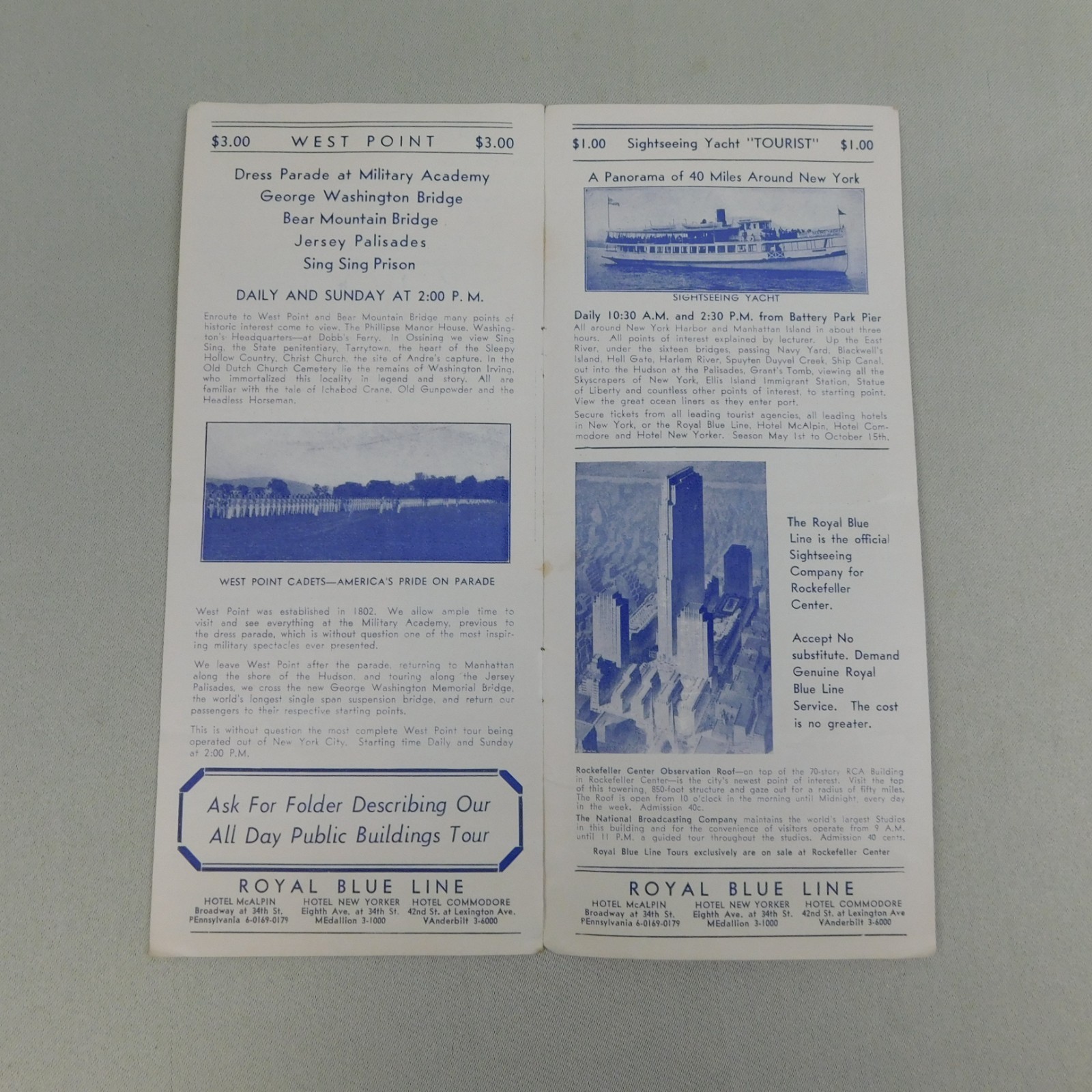 Vintage 1935 Sightseeing New York Royal Blue Line Travel Guide Map Souvenir