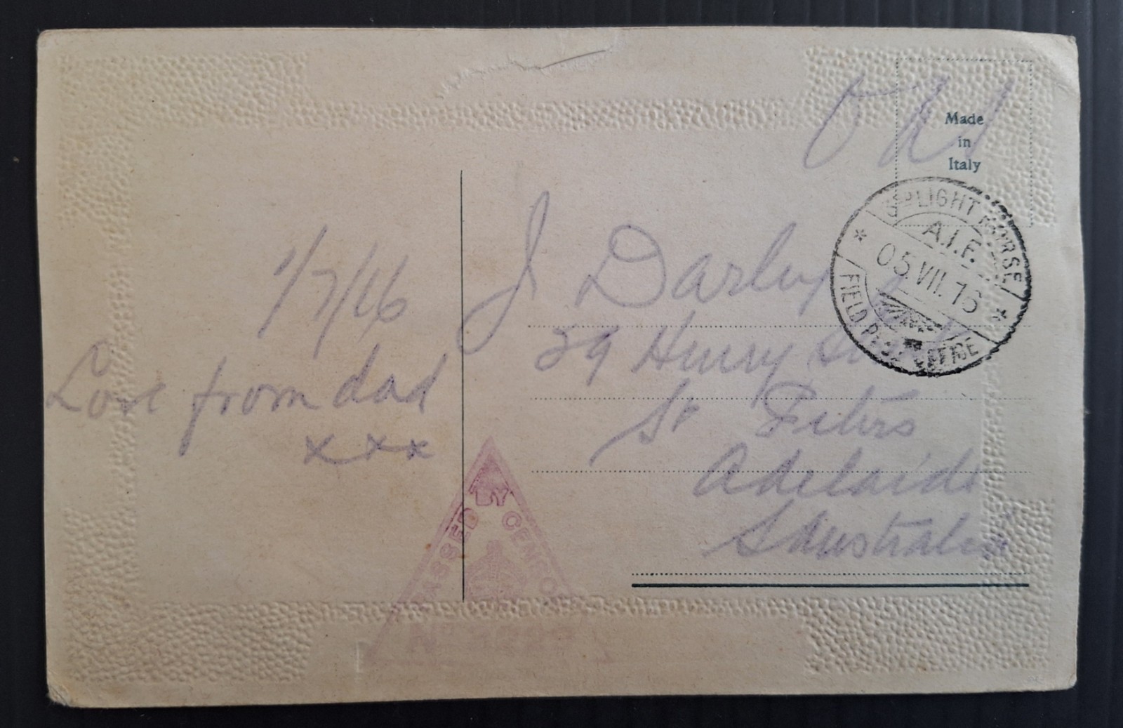 1916 Australia Post Card A.I.F.. 3rd Light horse Field Post Office Thomas Darley