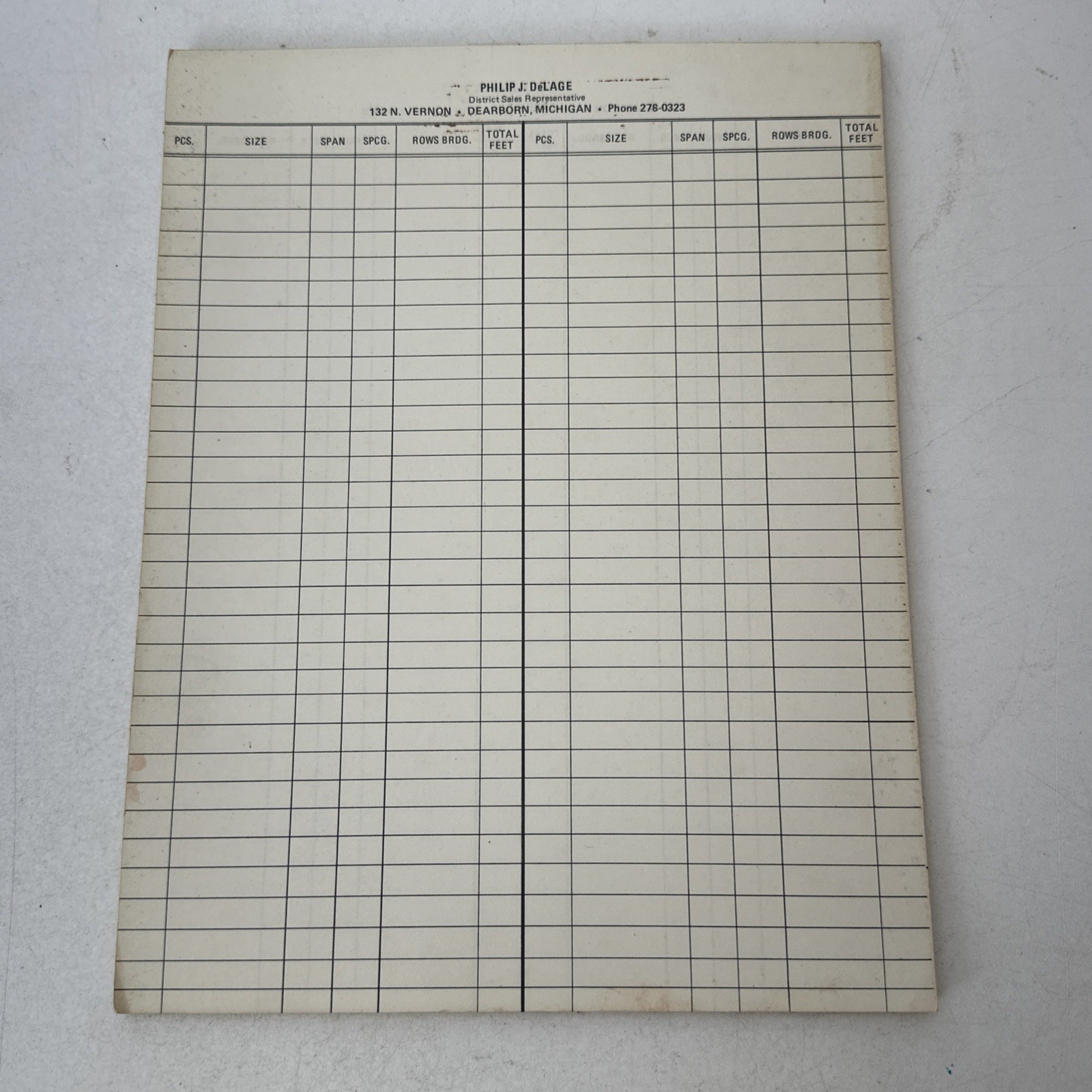 Vintage Paper Note Pad Philip DeLage Dearborn Michigan 11” x 8.5”