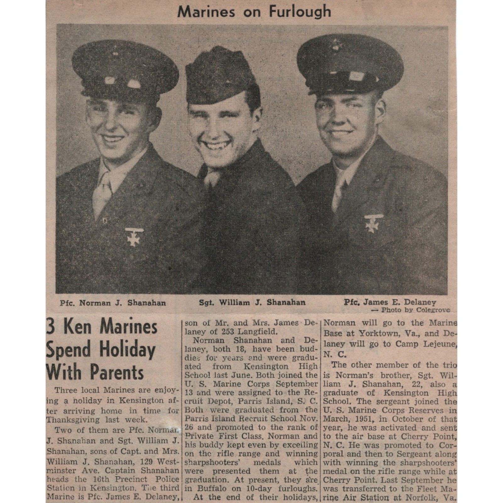 Furlough Marines 1950s Newspaper Photo James Delaney Norman William Shanahan VTG