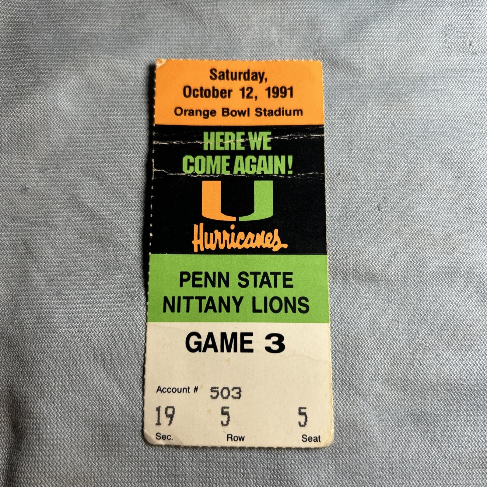 Miami Hurricanes Ticket Stub 1991 Orange Bowl Vs Penn State Nitany Lions Game 3