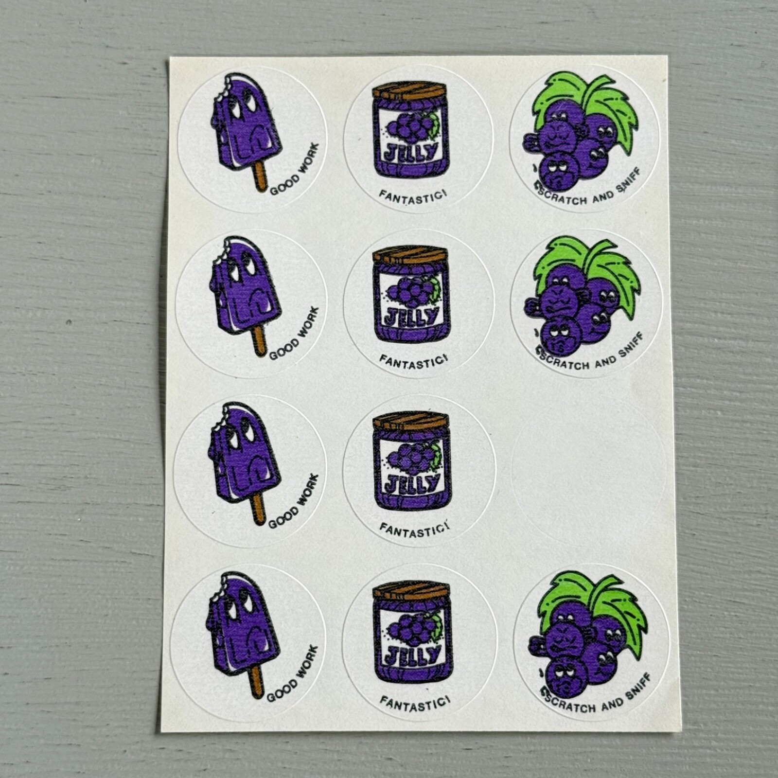 Partial Sheets of 15 Vintage Grape Scratch n Sniff Stickers 1980s Matte Purple