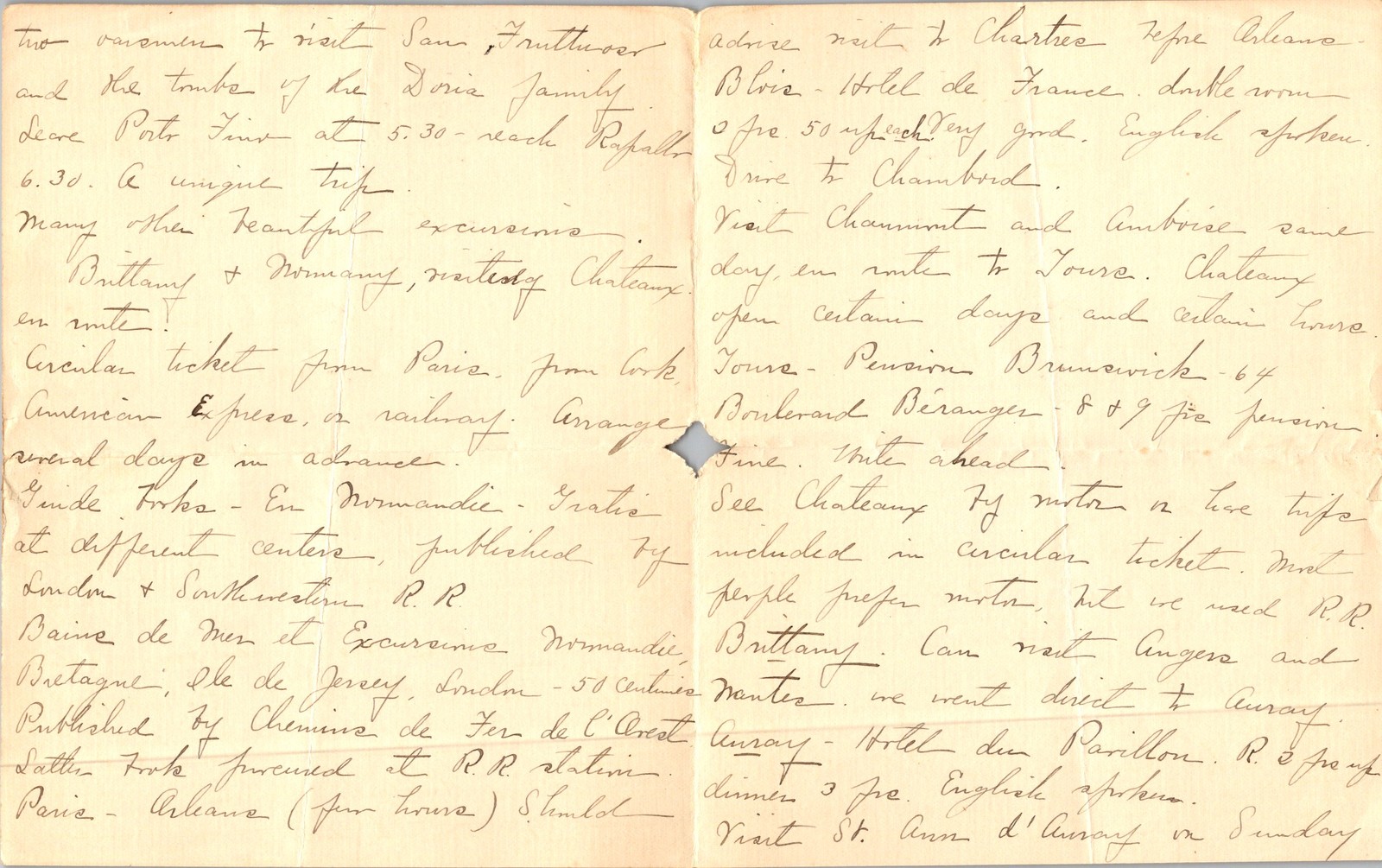 1920s Handwritten European Travel Itinerary Brittany Normandy Italy Riviera