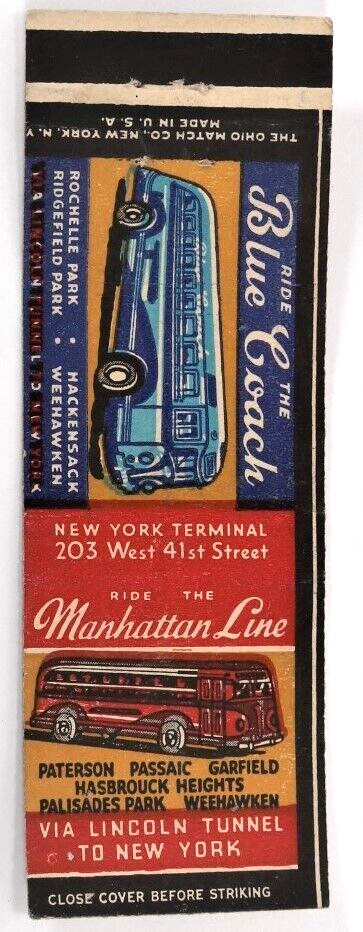 Vintage New York Bus Lines Matchbook Cover Blue Coach & Manhattan Line 1940s