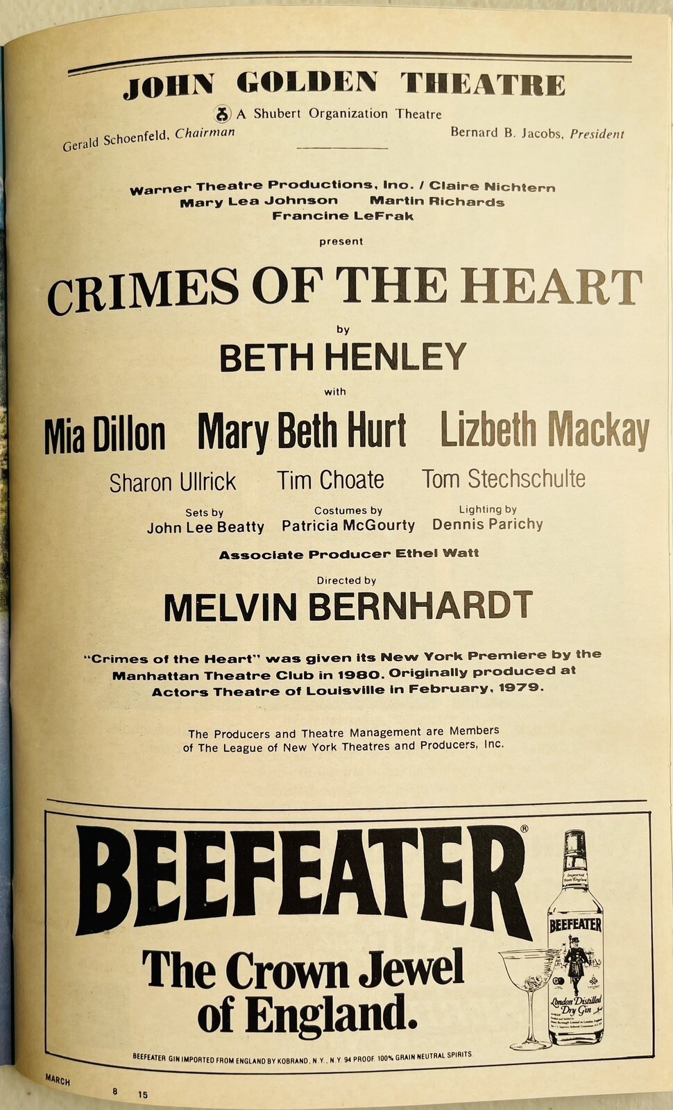 Crimes of the Heart – Broadway Playbill Mar 1982 – Mia Dillon, Mary Beth Hurt
