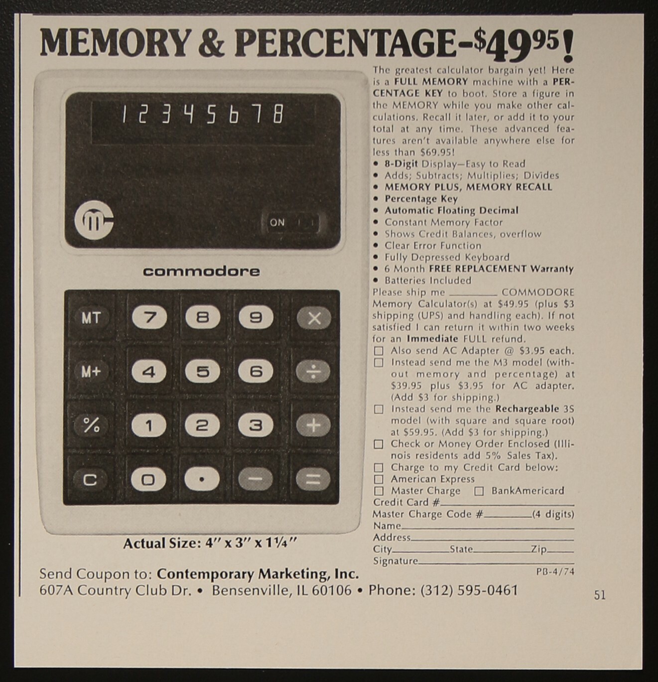 Commodore Calculator With Memory & Percentage Vintage Print Ad 1974