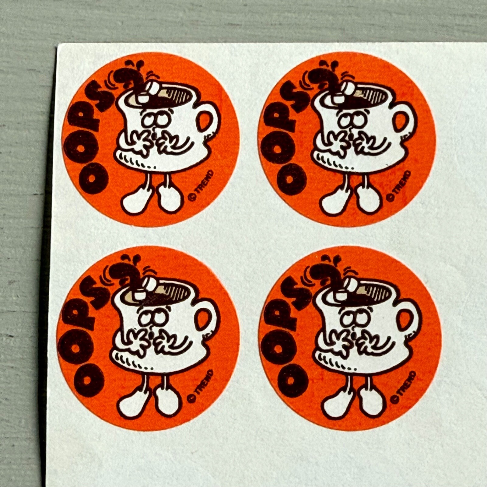 Partial Sheet of 4 Vtg OOPS Coffee Scratch n Sniff Stickers 1980s Matte Trend