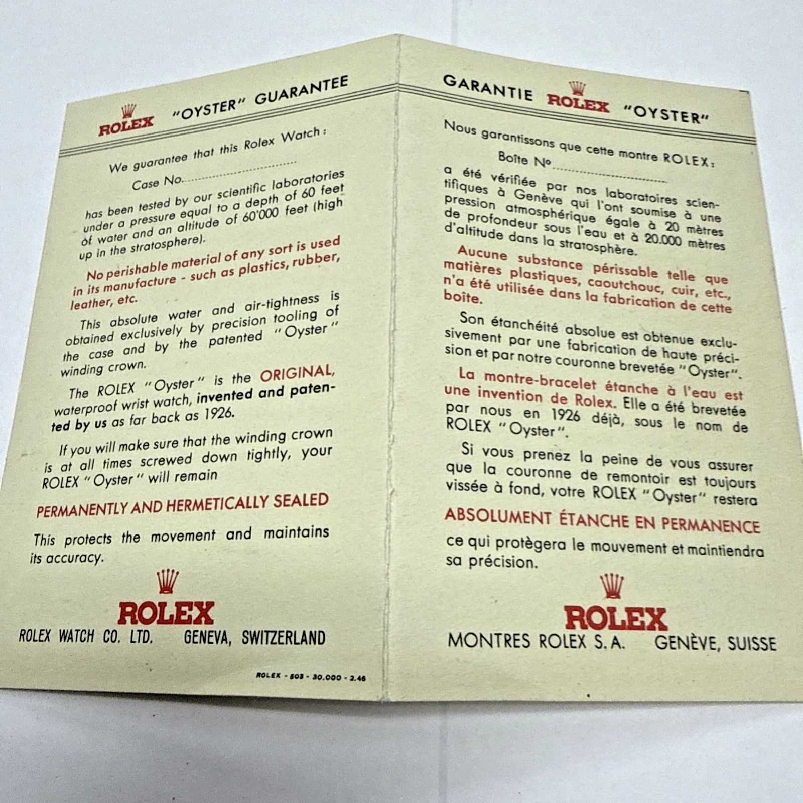 Rolex Vintage 1946 “Oyster Guarantee” Rare Blank Certificate In 4 Languages