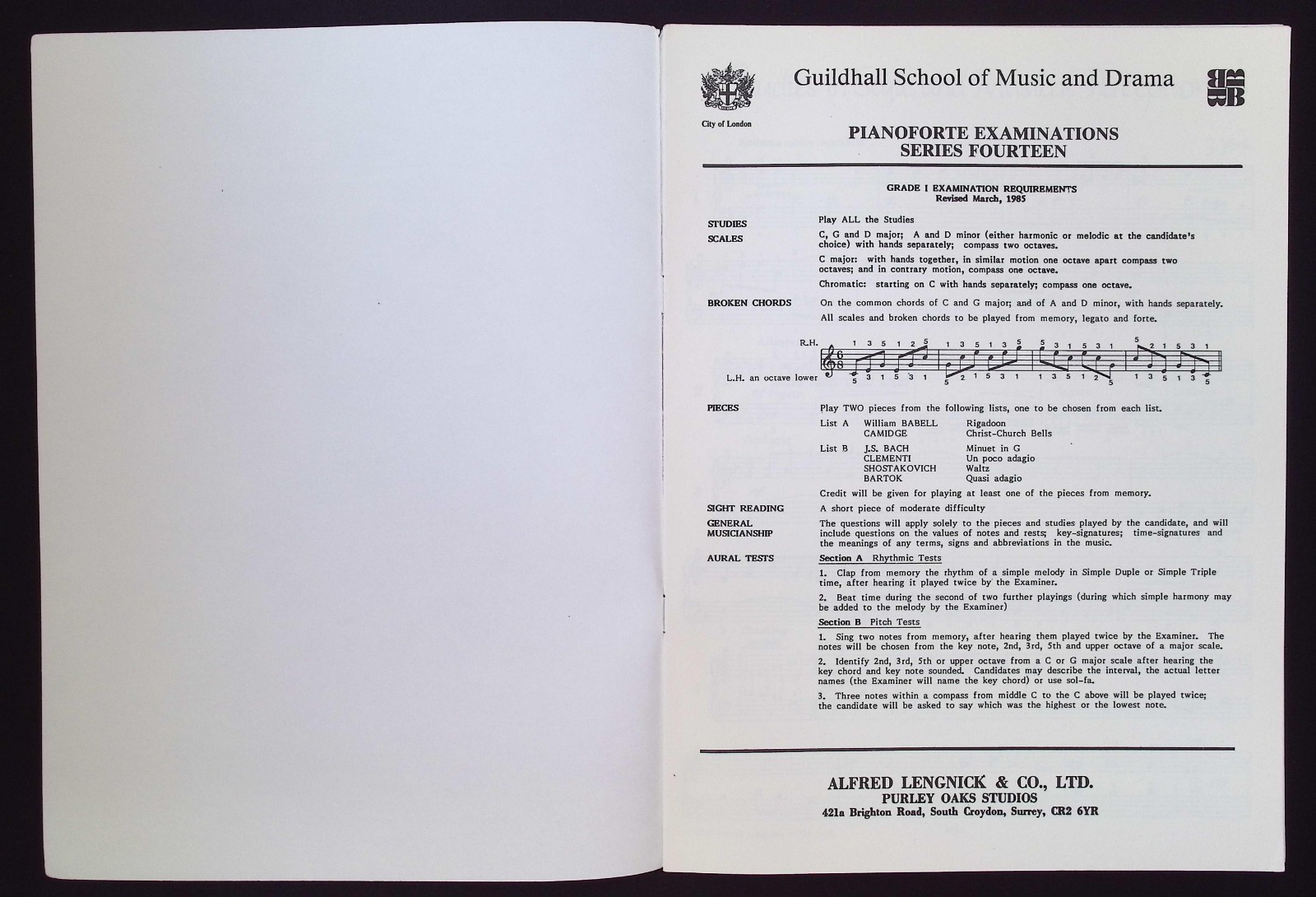 Guildhall School of Music & Drama Pianoforte Examinations Series 14, Grade 1