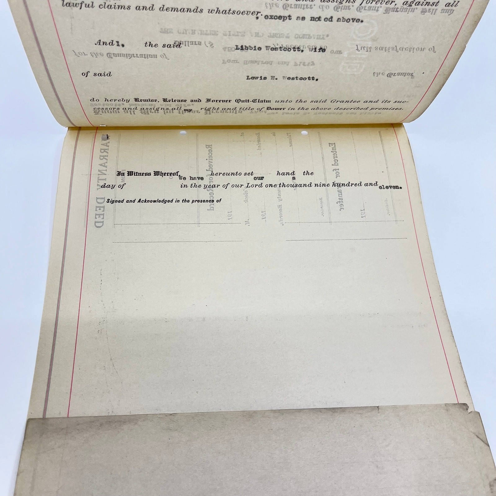 c1910 Lewis E. & Libby Wescott Land Deed Document Toledo OH AB2