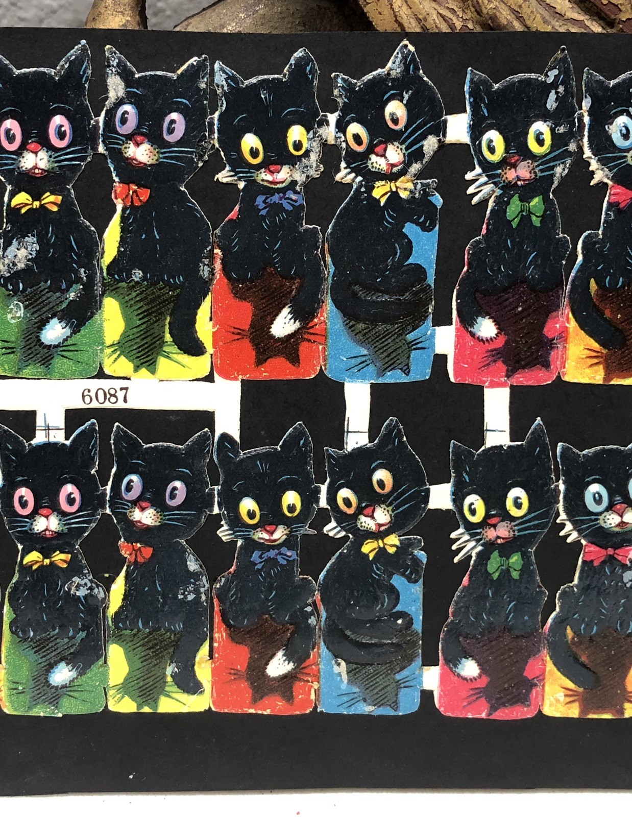 Black Cats & Cats in Basket Die Cut Scraps Glued on Paper Double Sided L4